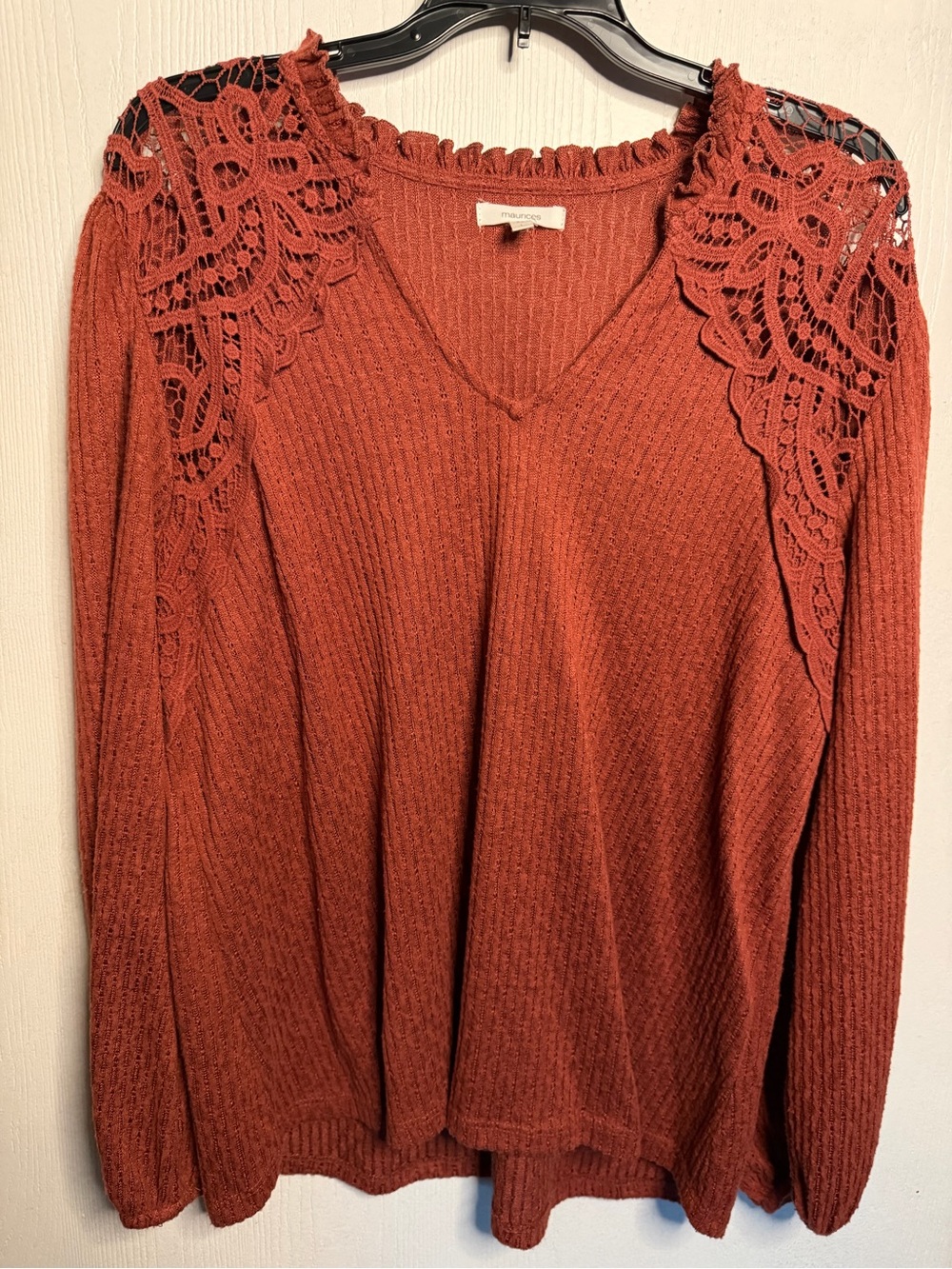 Maurices Rust Crochet-Shoulder V-Neck Sweater